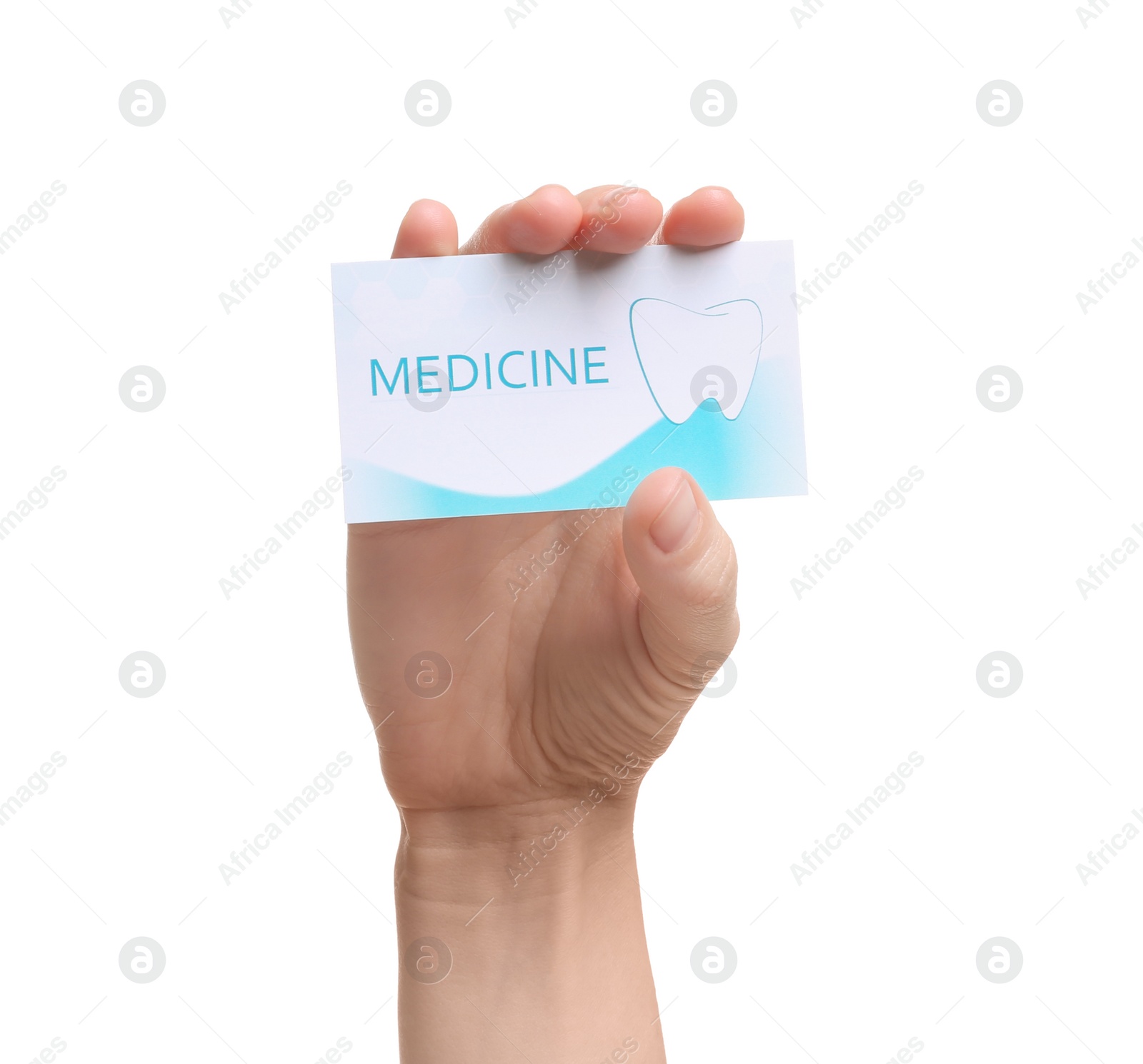 Photo of Woman holding business card isolated on white, closeup. Dental medical service