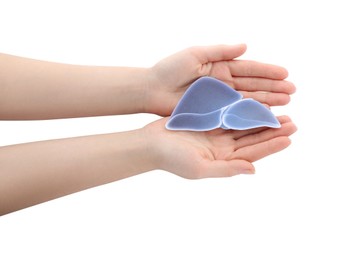 Woman holding paper liver on white background, closeup and top view. Hepatitis treatment