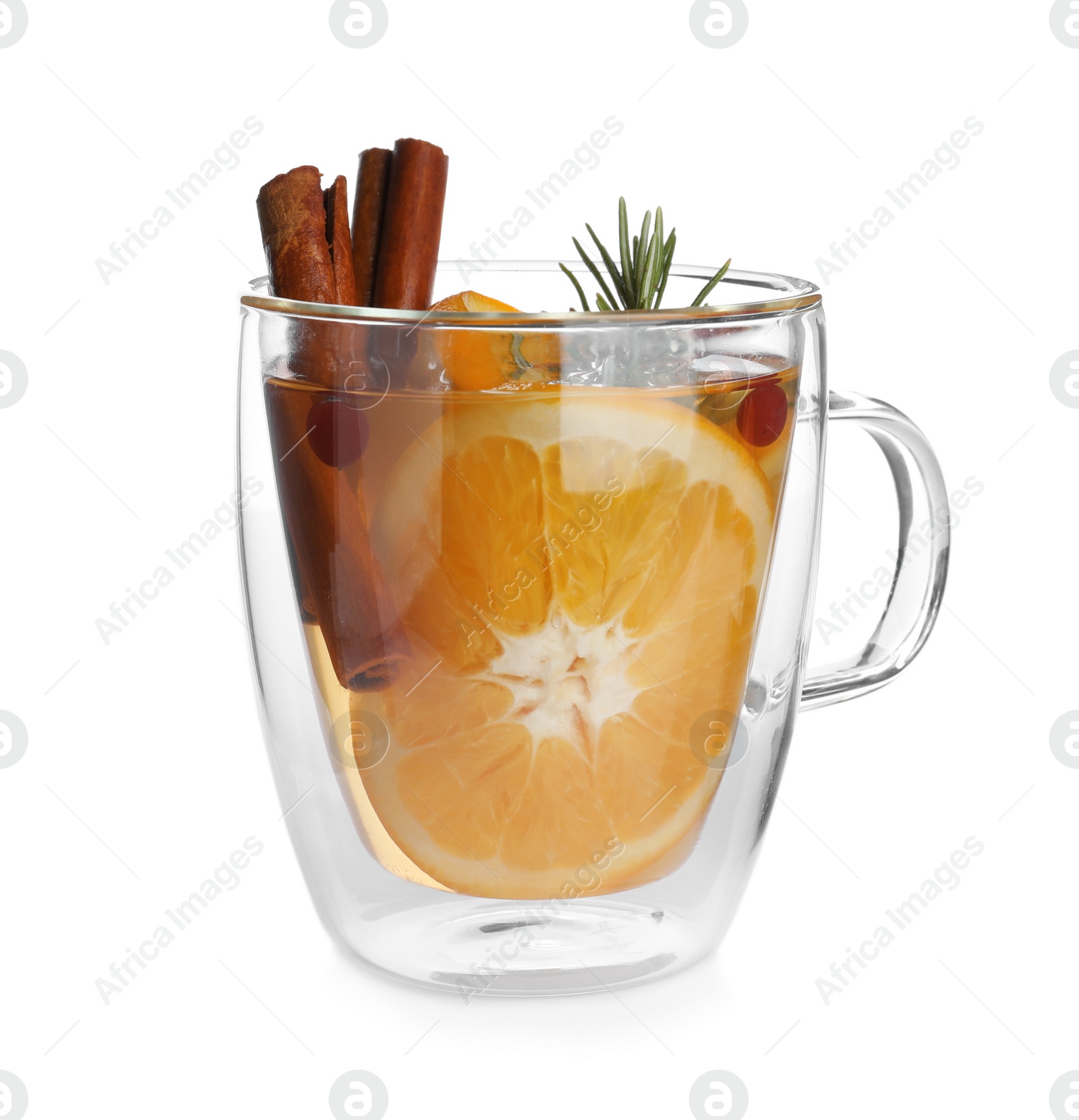 Photo of Delicious aromatic mulled wine isolated on white