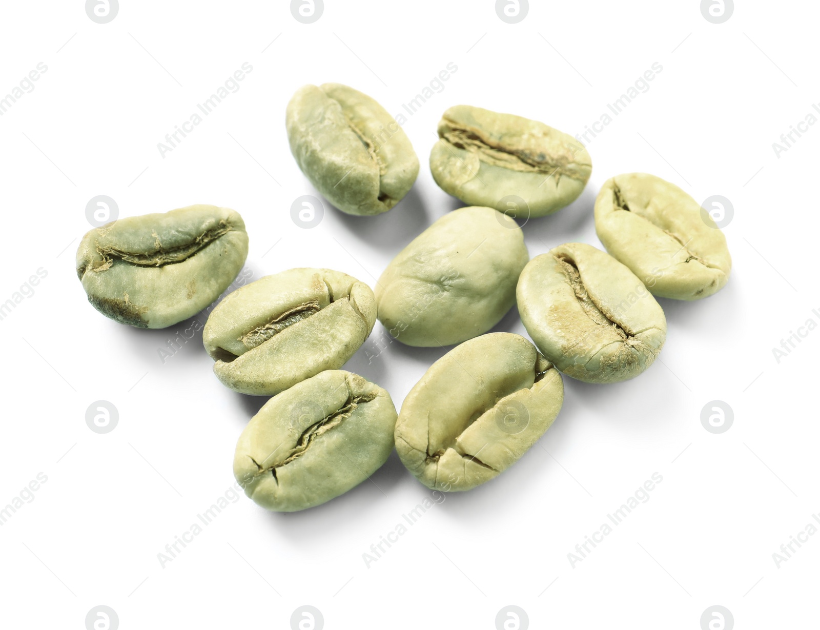 Photo of Pile of green coffee beans on white background