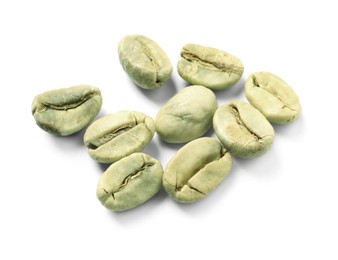 Photo of Pile of green coffee beans on white background