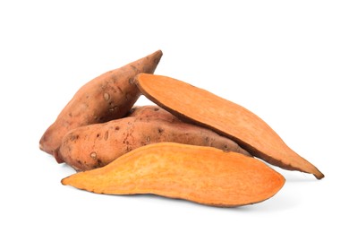 Photo of Cut and whole sweet potatoes on white background