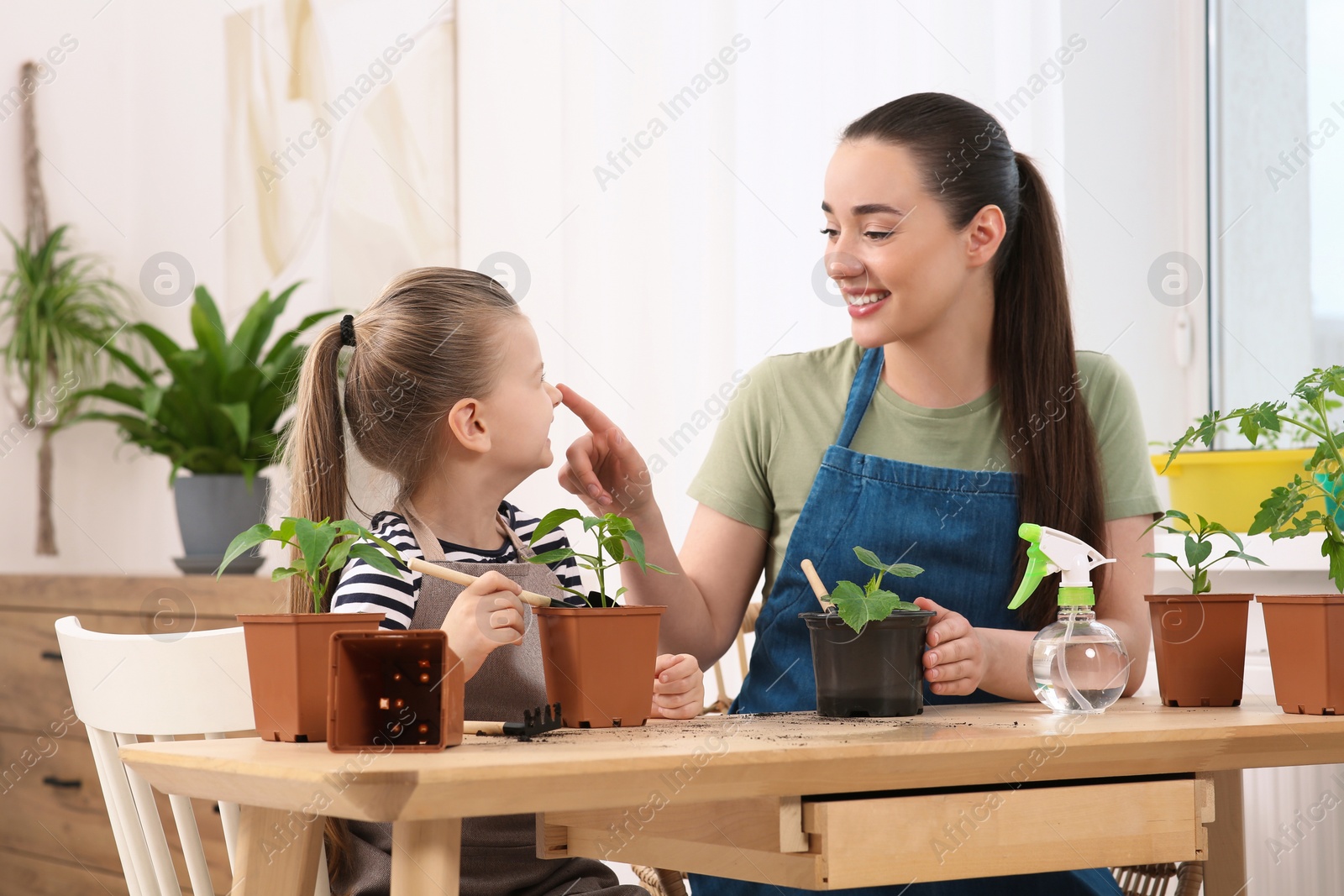 Photo of Mother and daughter planting seedlings into pots together at wooden table in room