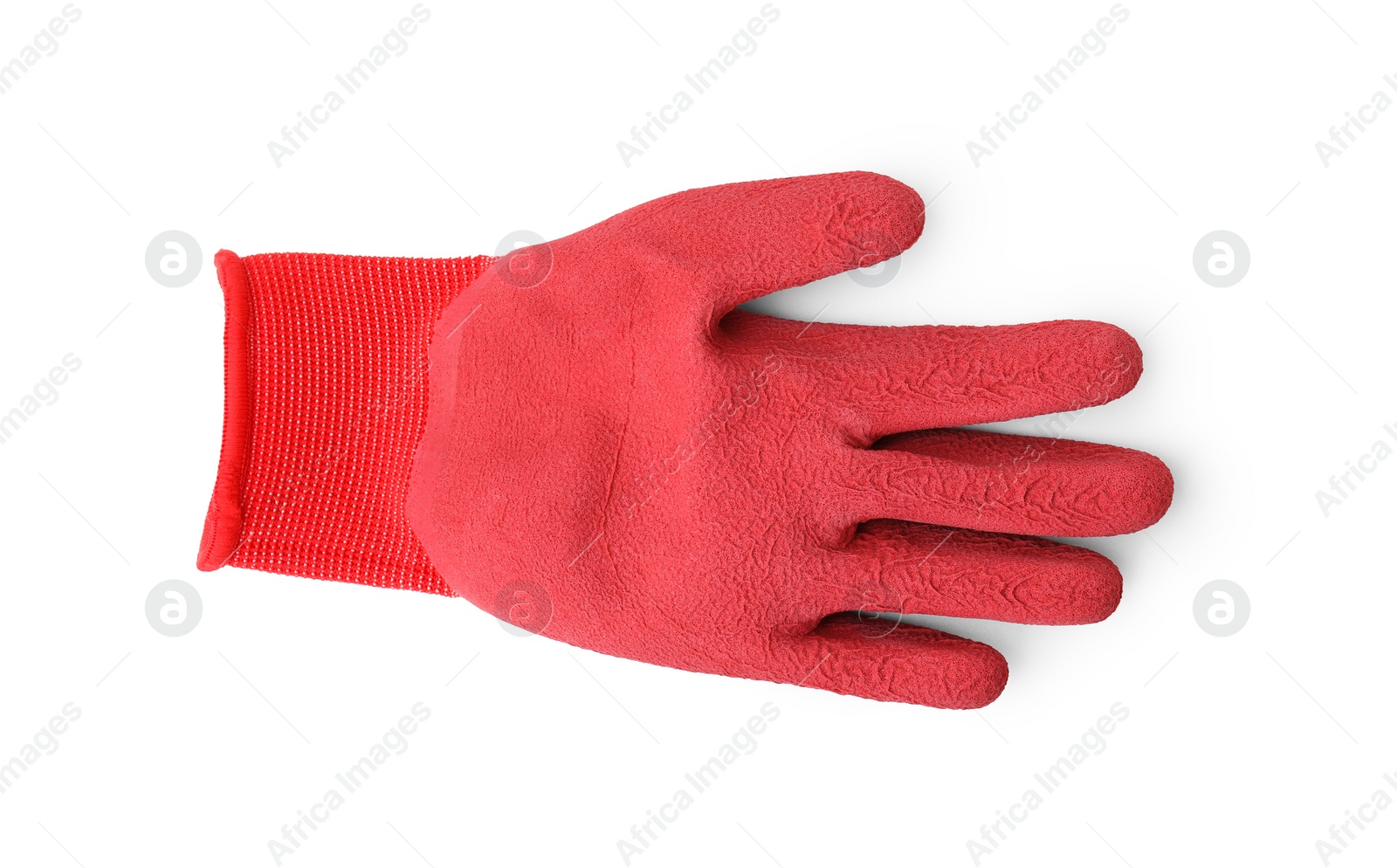 Photo of One red gardening glove isolated on white, top view