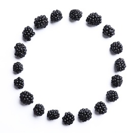 Photo of Frame of ripe blackberries on white background, flat lay. Space for text