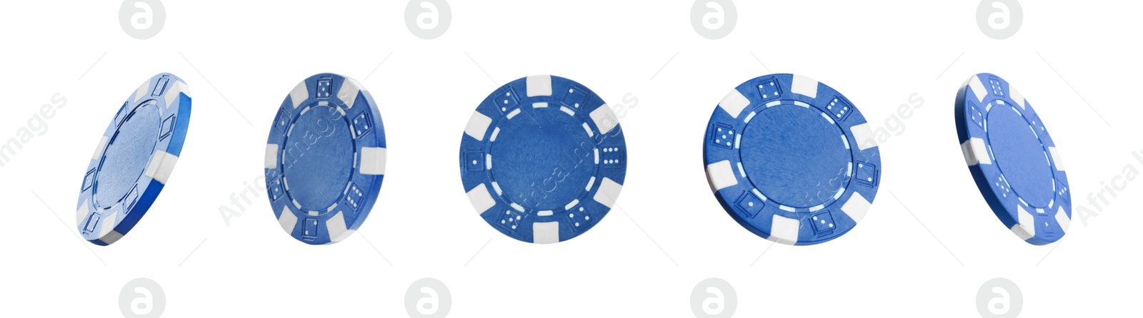 Image of Set with blue casino chips on white background. Banner design