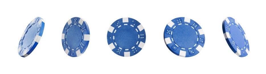 Image of Set with blue casino chips on white background. Banner design