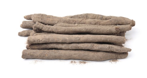 Fresh raw salsify roots isolated on white, top view