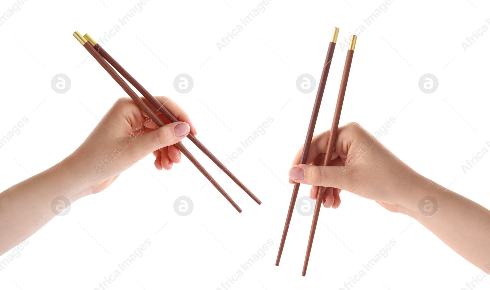 Image of Woman holding chopsticks isolated on white, closeup. Collage with photos