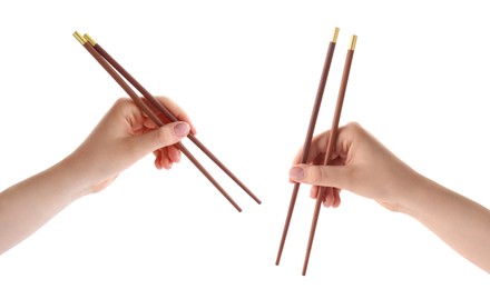 Image of Woman holding chopsticks isolated on white, closeup. Collage with photos