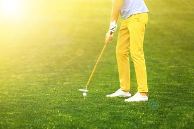 Image of Man playing golf in park on sunny day. Space for design