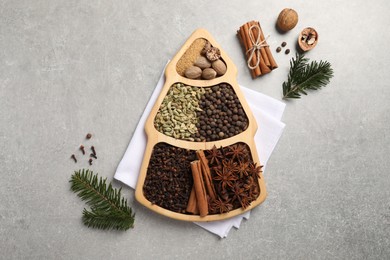 Photo of Different spices, nuts and fir branches on gray textured table, flat lay