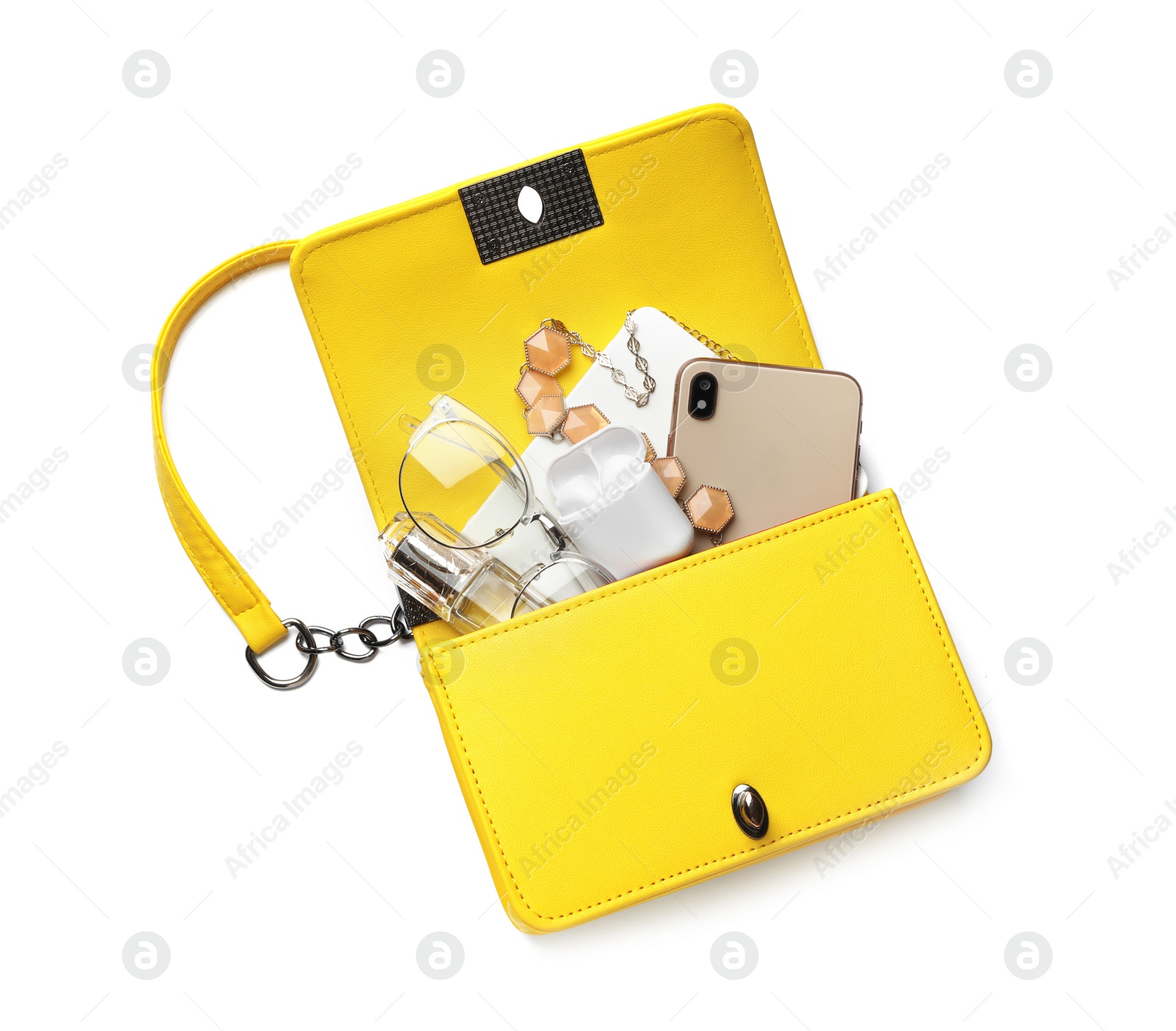 Photo of Stylish woman's bag with smartphone and accessories on white background, top view