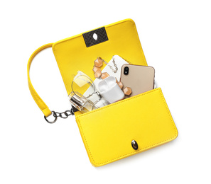 Stylish woman's bag with smartphone and accessories on white background, top view