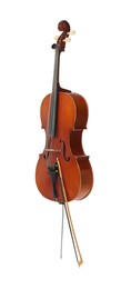 Photo of Beautiful cello with bow on white background. Classic musical instrument