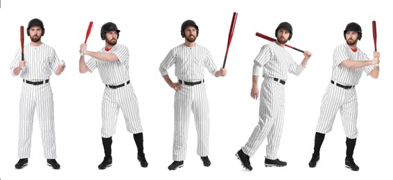 Baseball player with bat on white background, set of photos