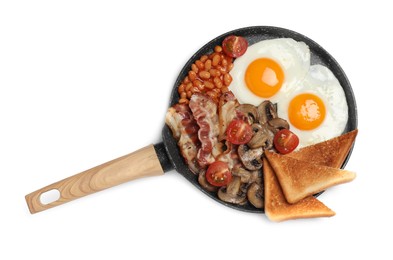 Photo of Serving pan with fried eggs, mushrooms, beans, bacon, tomatoes and toasted bread isolated on white, top view. Traditional English breakfast