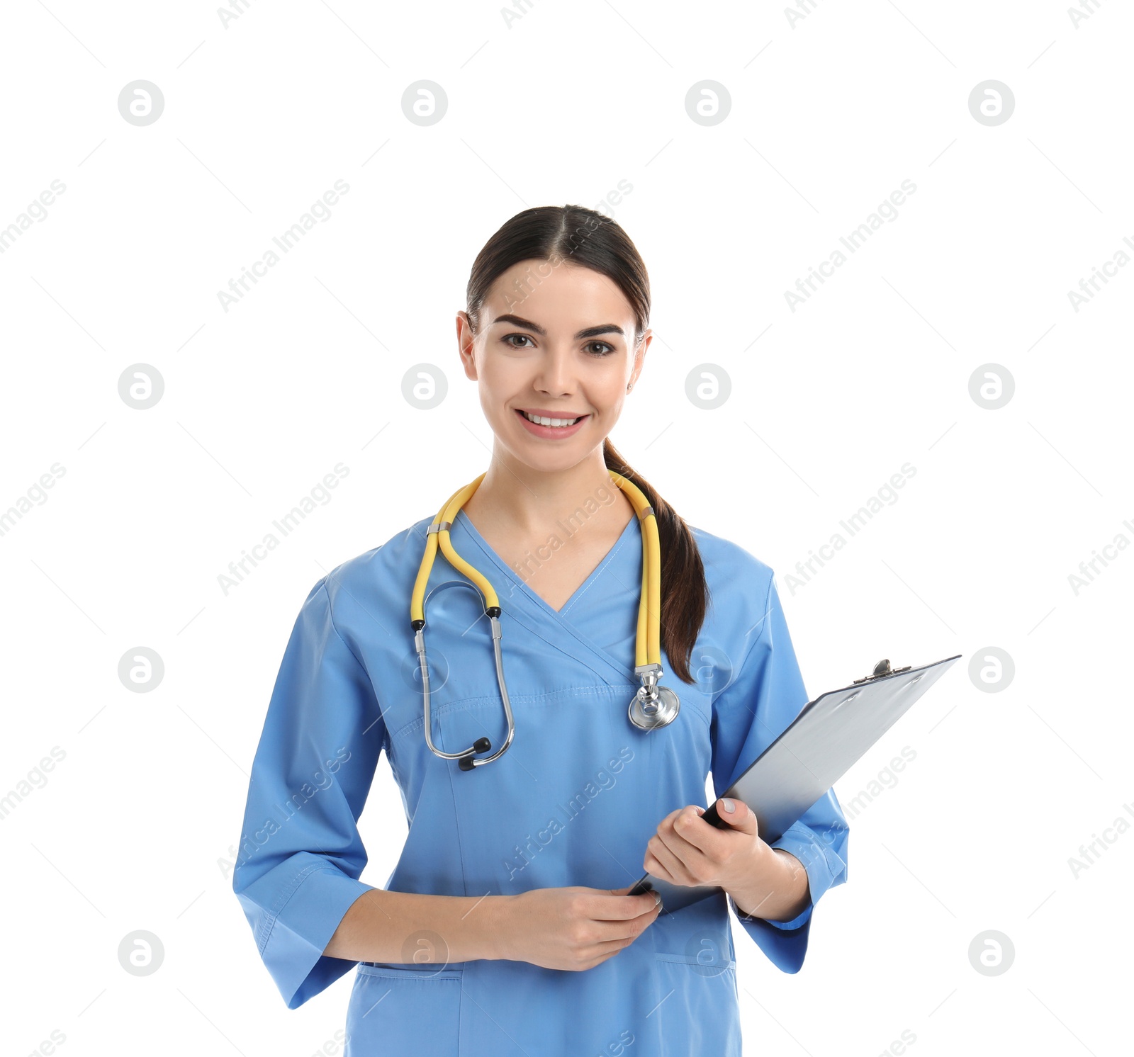 Photo of Portrait of medical assistant with stethoscope and clipboard on white background