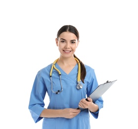 Portrait of medical assistant with stethoscope and clipboard on white background