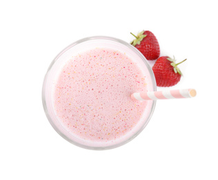 Photo of Tasty strawberry milk shake and fresh berries isolated on white