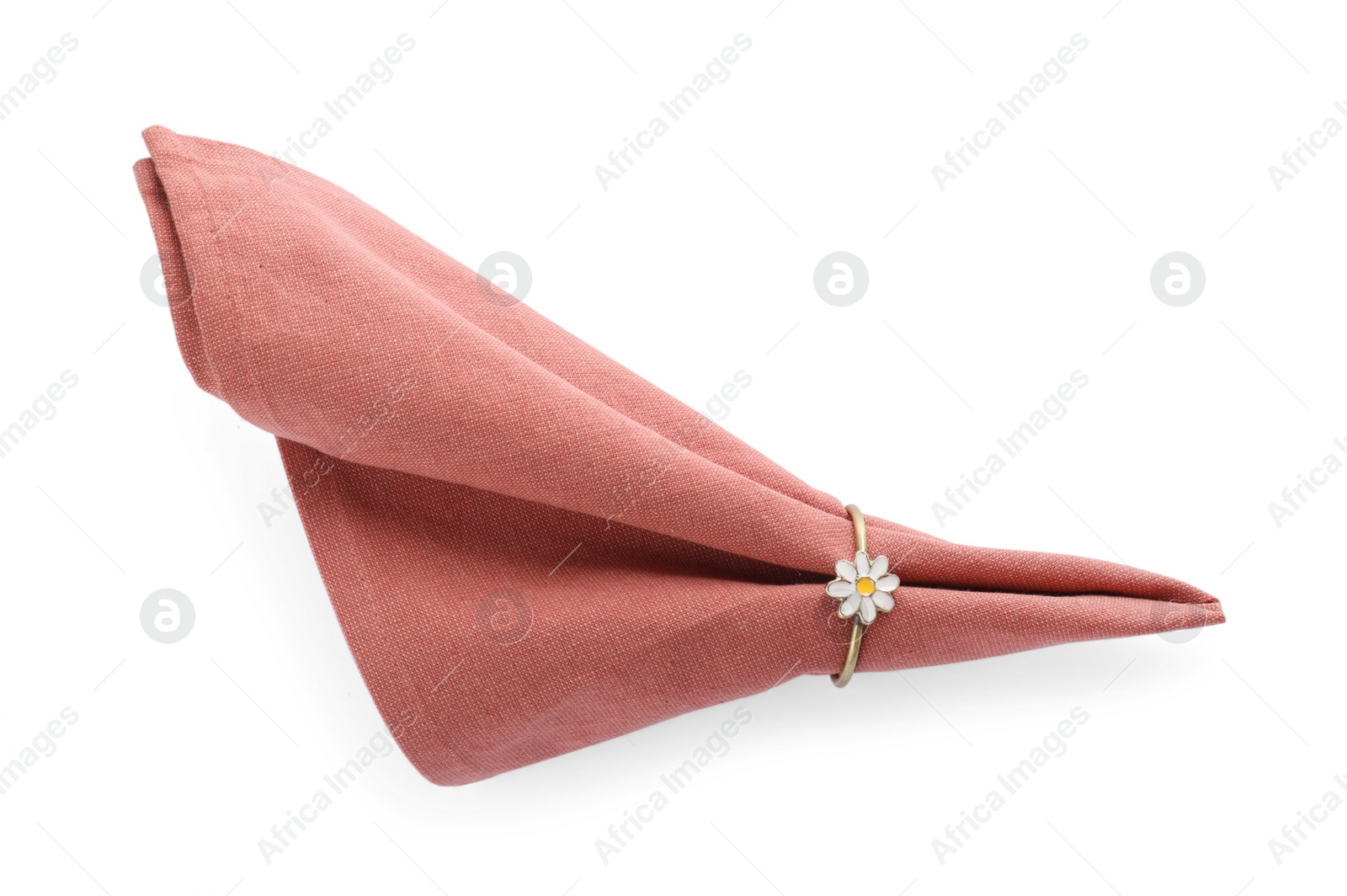 Photo of Napkin with decorative ring for table setting isolated on white, top view