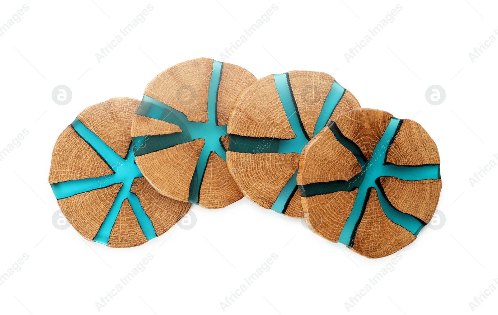 Photo of Wooden cup coasters on white background, top view