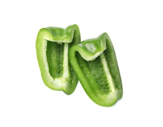 Slices of fresh green bell pepper on white background, top view