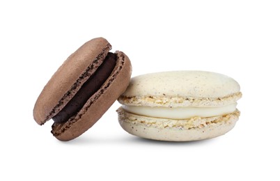 Photo of Different delicious colorful macarons on white background