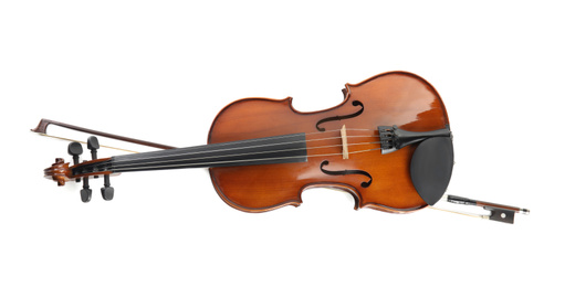 Beautiful classic violin and bow  on white background, top view. Musical instrument