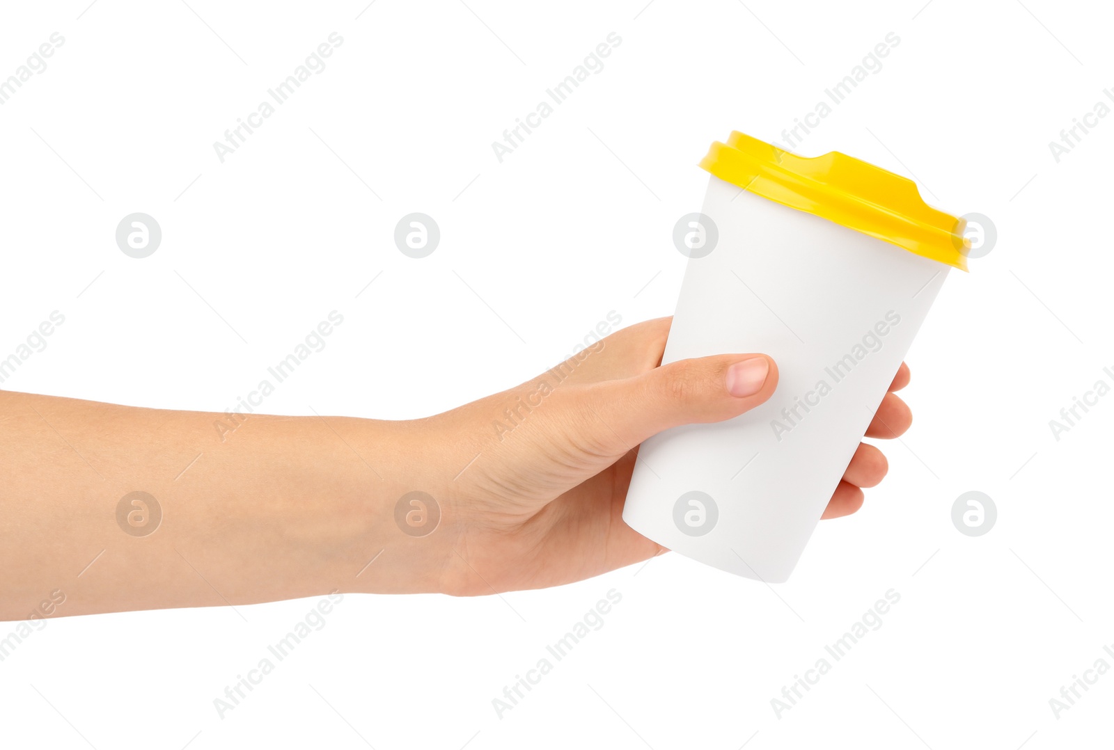 Photo of Woman holding takeaway paper coffee cup on white background, closeup