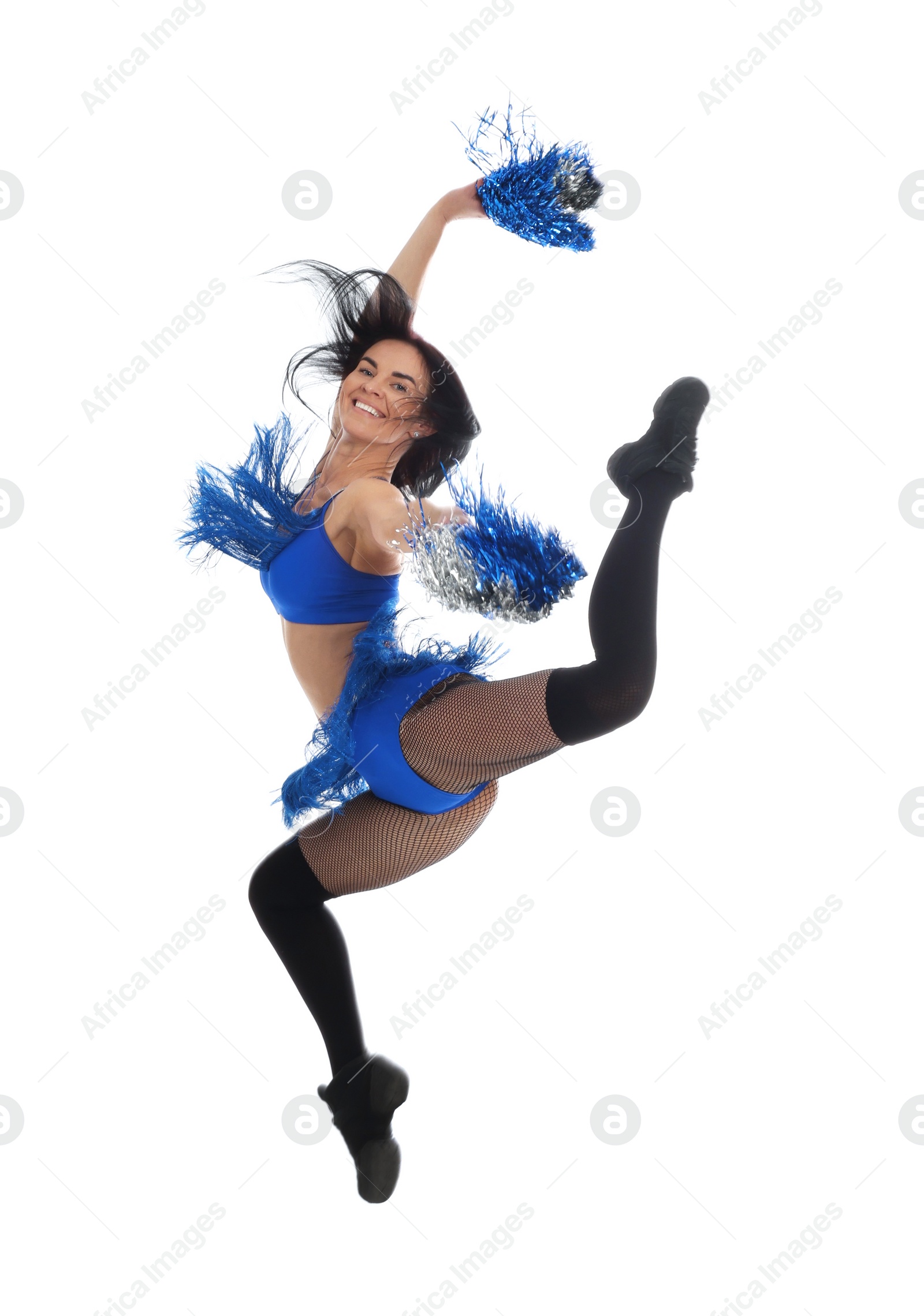 Photo of Beautiful cheerleader in costume holding pom poms on white background