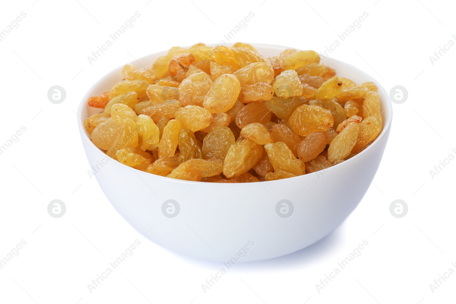 Photo of Bowl with dried golden raisins isolated on white. Healthy nutrition with fruits