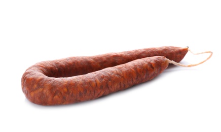 Photo of Tasty sausage on white background. Meat product