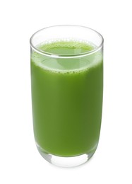 Photo of Glass of fresh celery juice on white background