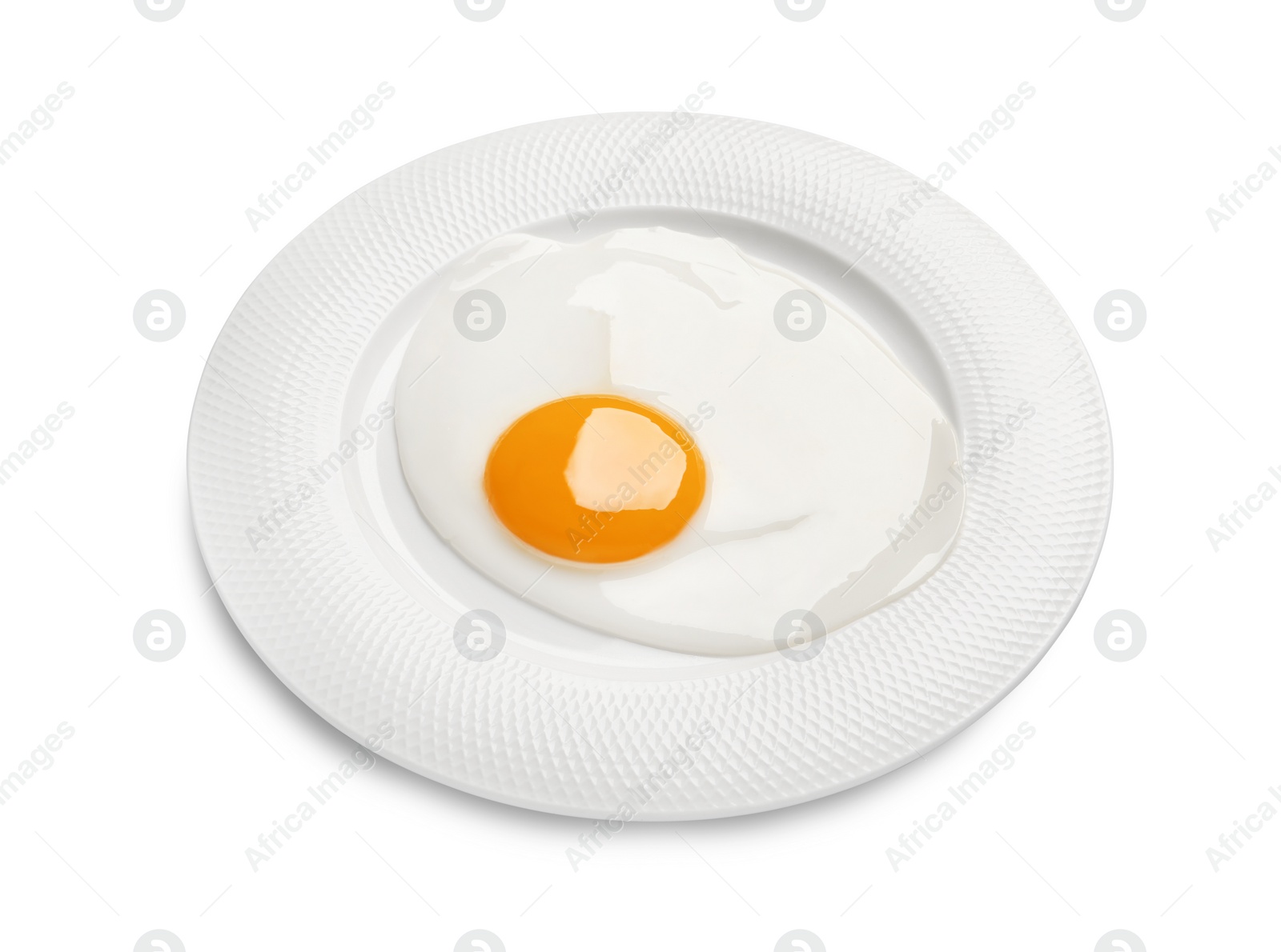 Photo of Plate with tasty fried egg isolated on white