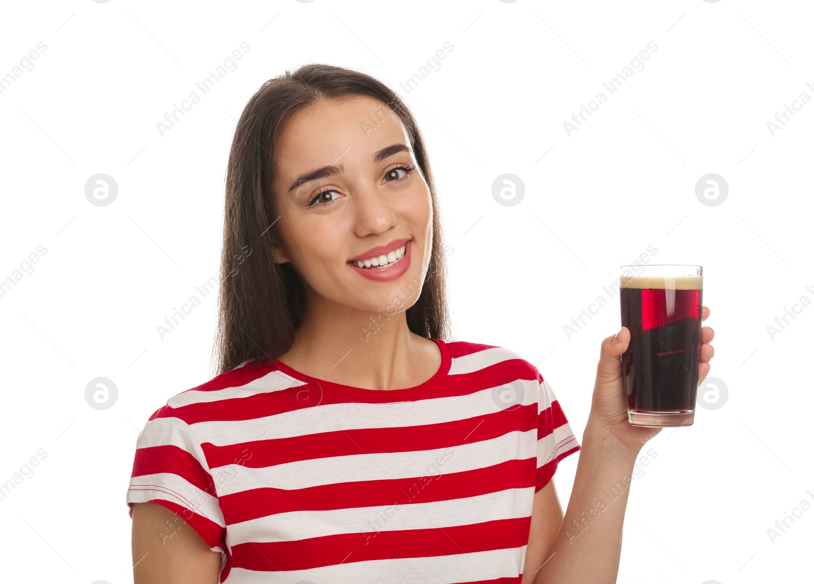 Photo of Beautiful woman with cold kvass on white background. Traditional Russian summer drink