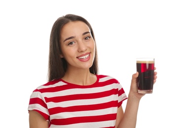 Photo of Beautiful woman with cold kvass on white background. Traditional Russian summer drink