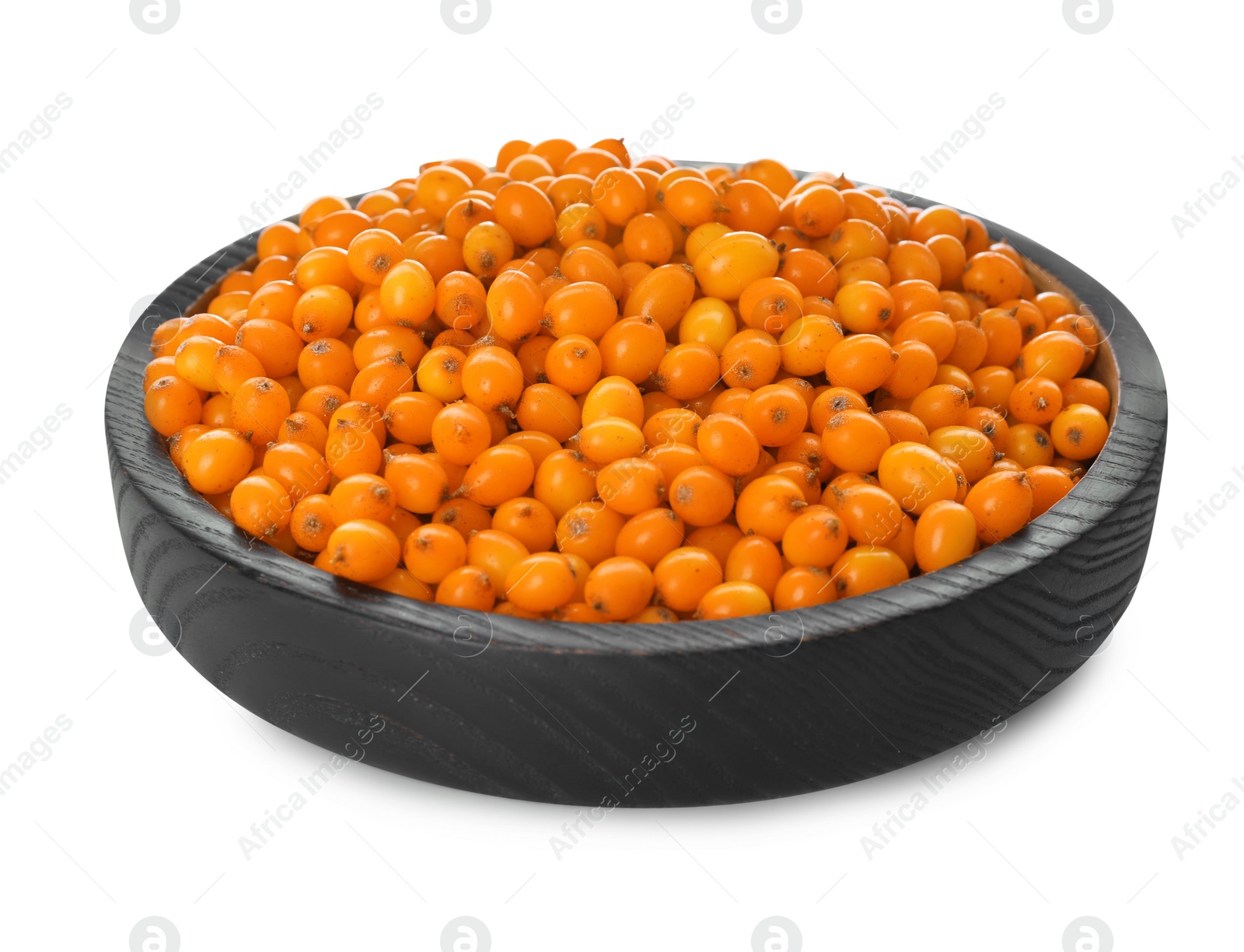 Photo of Bowl with fresh ripe sea buckthorn berries on white background