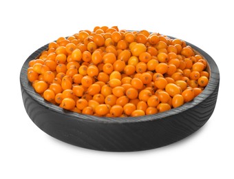 Bowl with fresh ripe sea buckthorn berries on white background