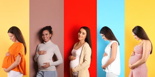 Collage with photos of beautiful pregnant women on different color backgrounds. Banner design