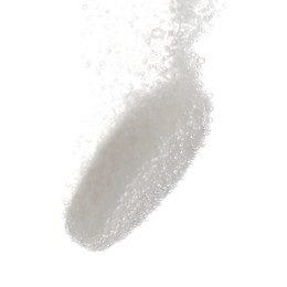 Photo of Effervescent pill dissolving in water on white background, closeup