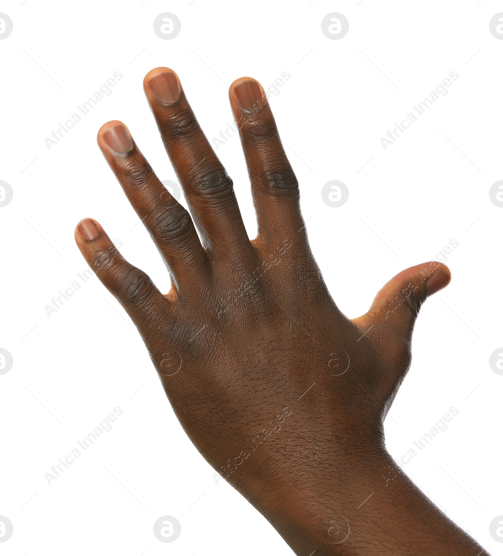 Photo of African-American man showing hand gesture on white background, closeup