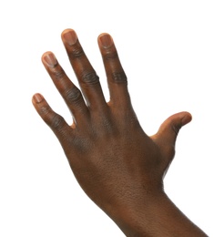 Photo of African-American man showing hand gesture on white background, closeup