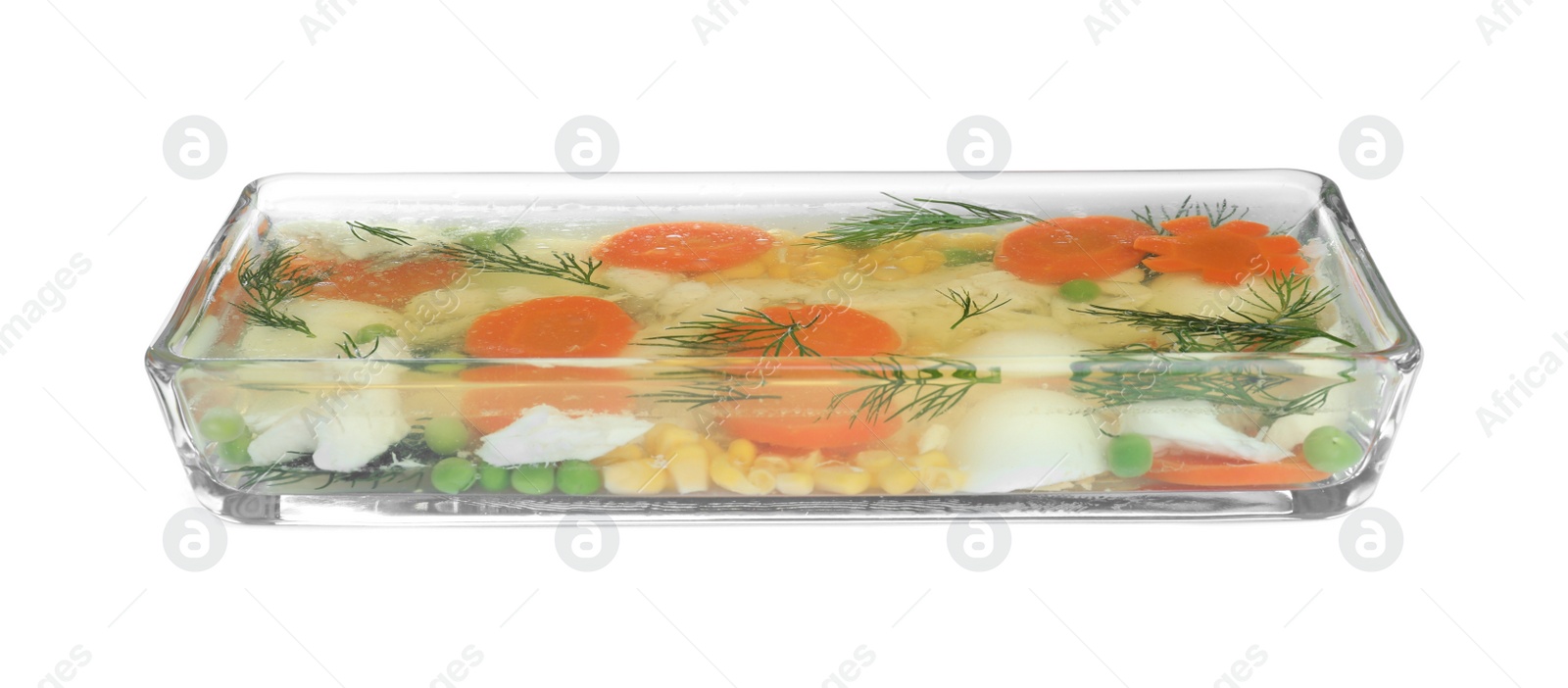 Photo of Delicious fish aspic in glass bowl isolated on white