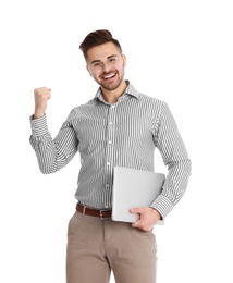 Emotional man with laptop on white background