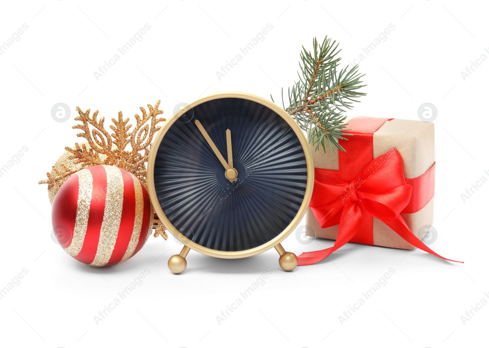 Photo of Clock, gift and festive decor on white background. Christmas countdown