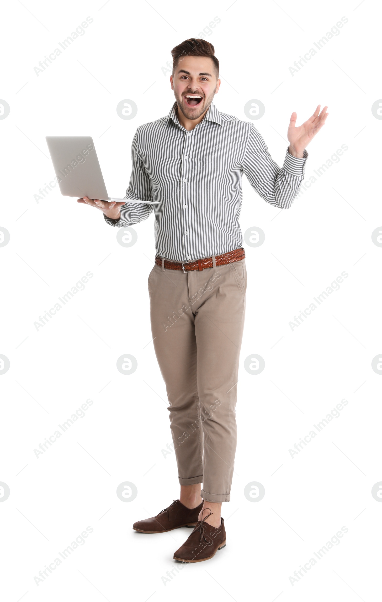 Photo of Emotional man with laptop on white background