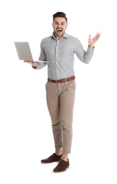 Emotional man with laptop on white background