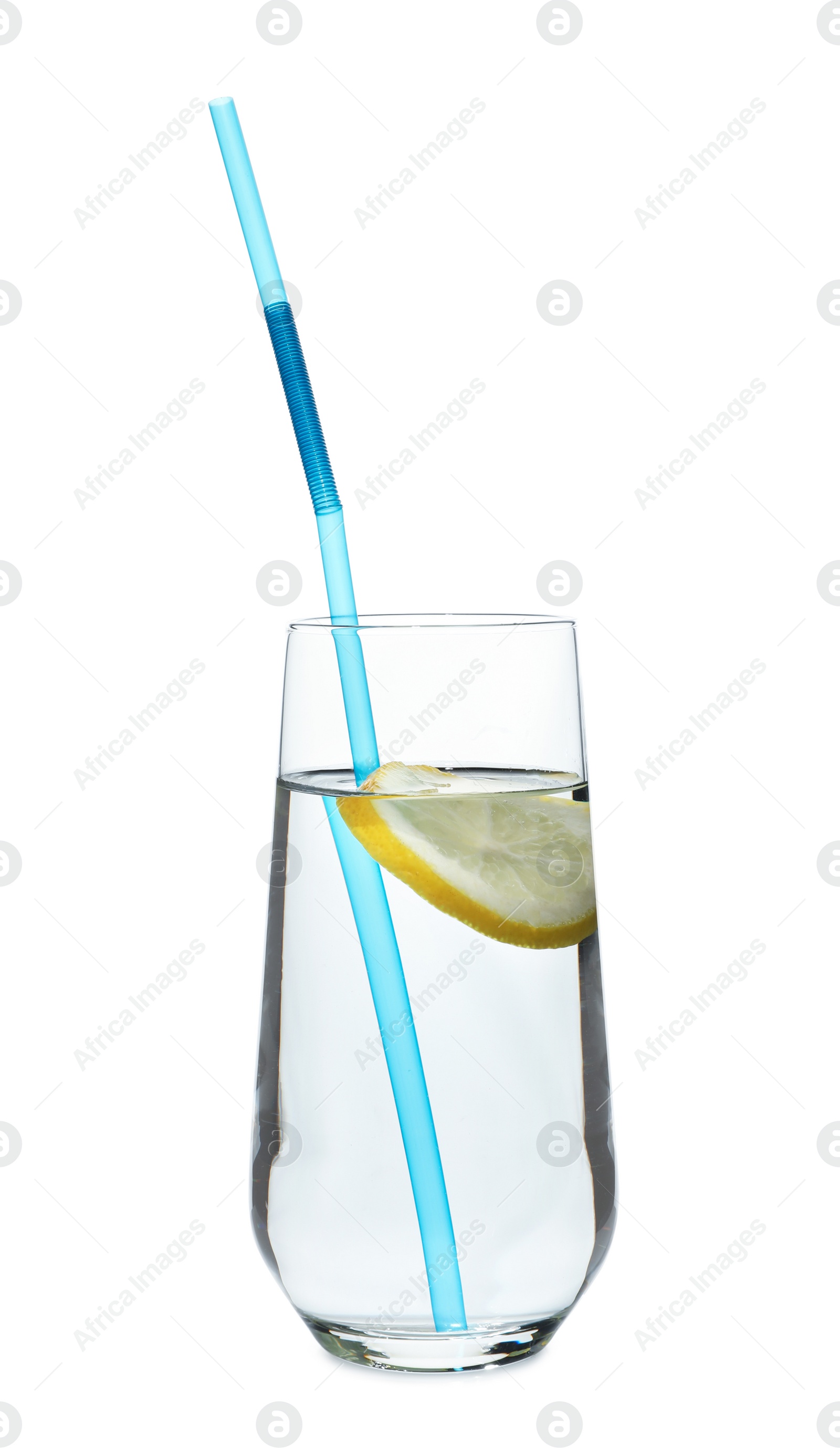 Photo of Glass of water with lemon and straw on white background. Refreshing drink