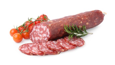 Photo of Delicious cut smoked sausage with tomatoes and rosemary isolated on white